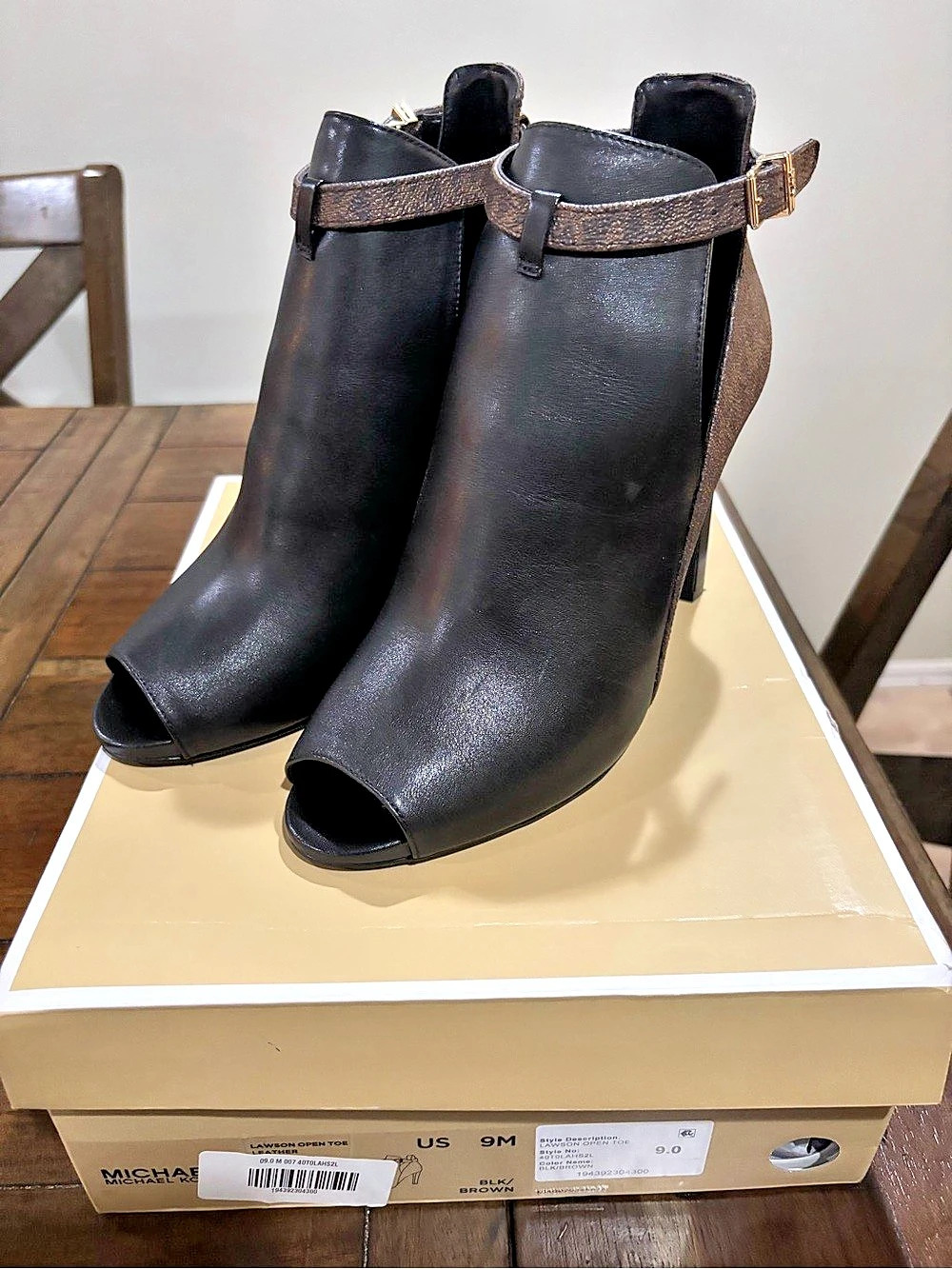 Michael Kors Lawson Open Toe Leather Bootie Black & Brown US 9M